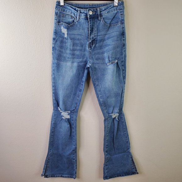 SHEIN Denim - SHEIN Womens Blue Wash High Waist Ripped Frayed Split Hem Flare Leg Jeans